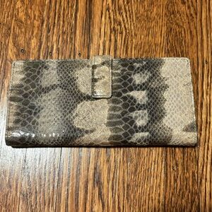 Neiman Marcus snakeskin wallet w zippers, snap, slots, gold, taupe, brown
